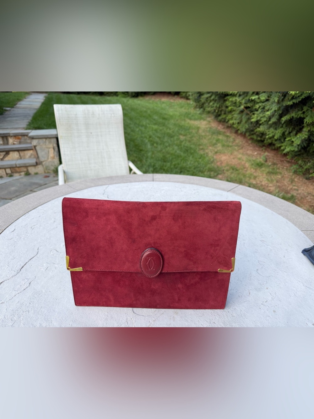 Cartier Red Suede Envelope Clutch with Gold Accents